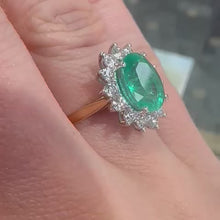 Load and play video in Gallery viewer, Natural Fine Quality Oval Emerald &amp; Diamond 18ct Yellow Gold Ring - Product Code - R162
